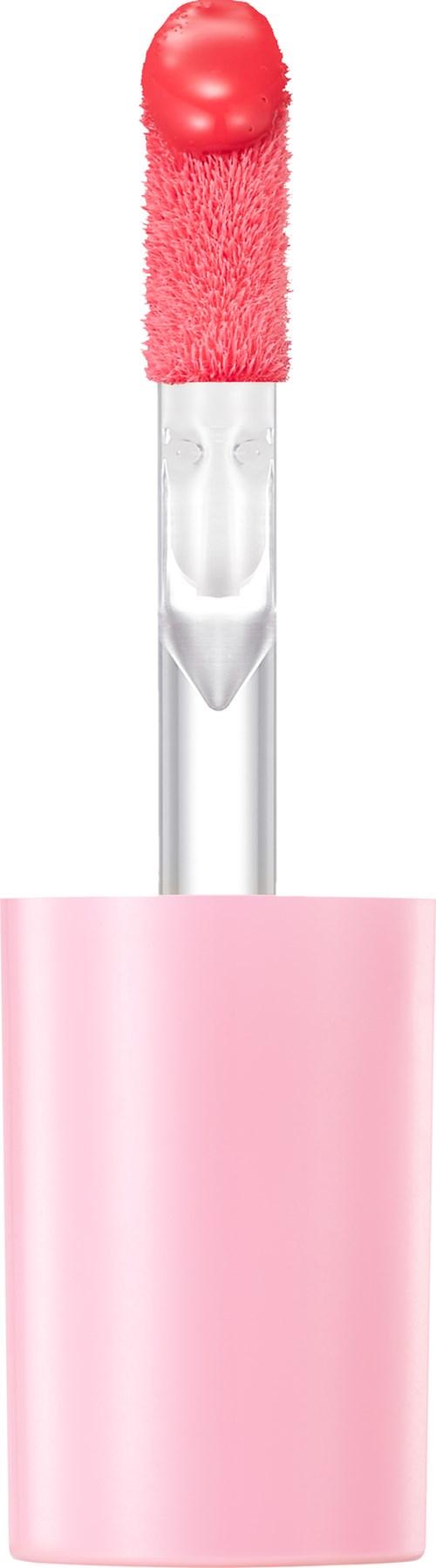 Een lipgloss-applicator met roze spons en een doorzichtige handvat, gedeeltelijk bedekt door een roze hoed.