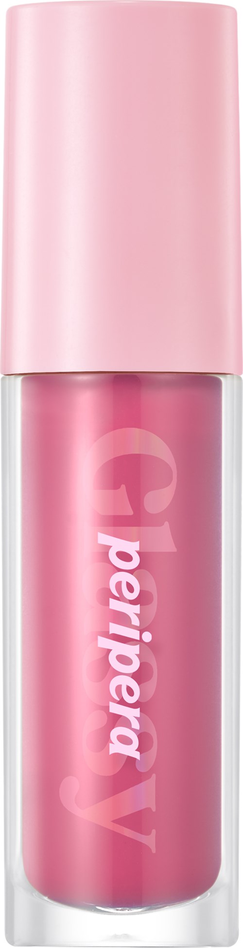 Een roze lippenstift met een lichtroze dop en logo aan de zijkant.