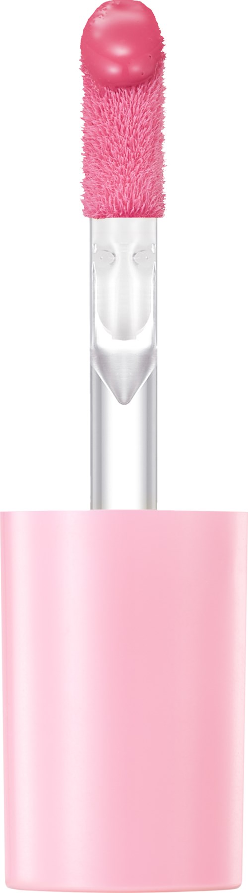Een roze lippenstiftapplicator met een zachte, ronde punt en een doorzichtige handgreep in een roze houder.