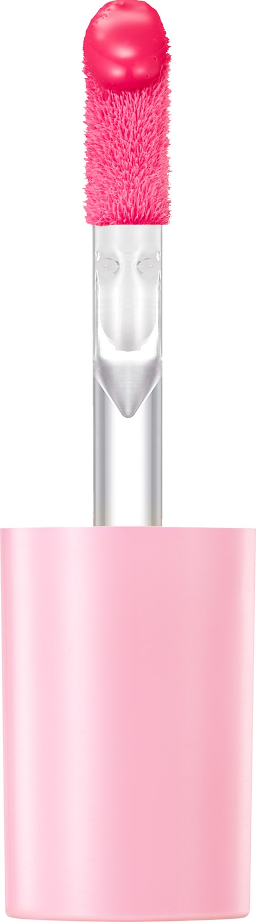 Het is een roze en witte make-up applicator met een spons en handvat.