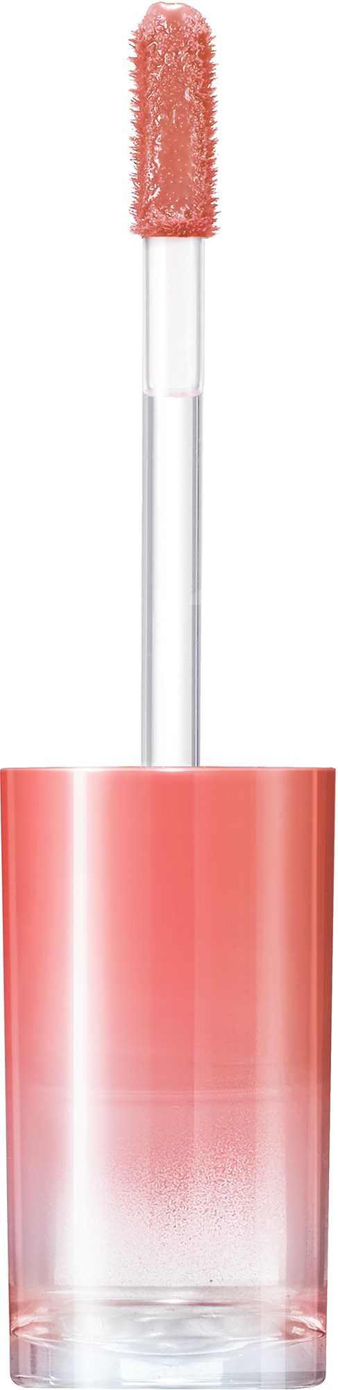 A lip gloss with a sponge applicator, in a clear pinkish container, with some gloss on the applicator.