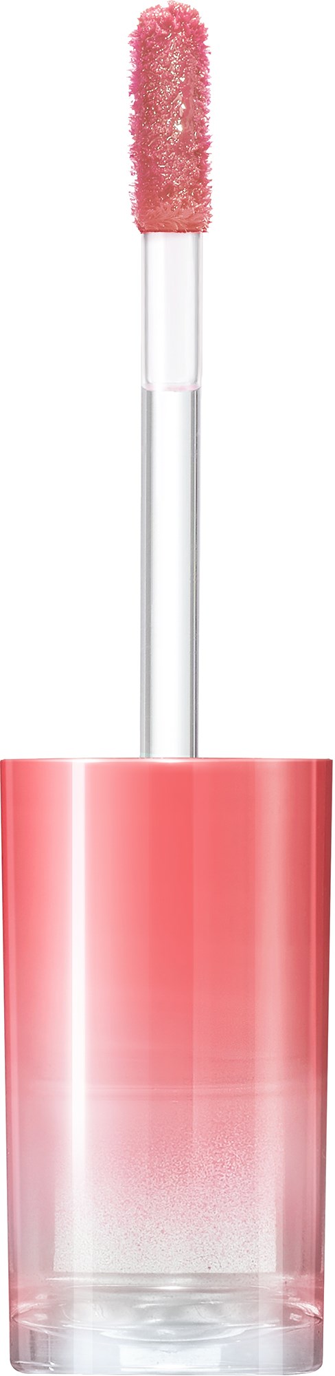 Lip gloss with a pink, fuzzy applicator and a transparent container.