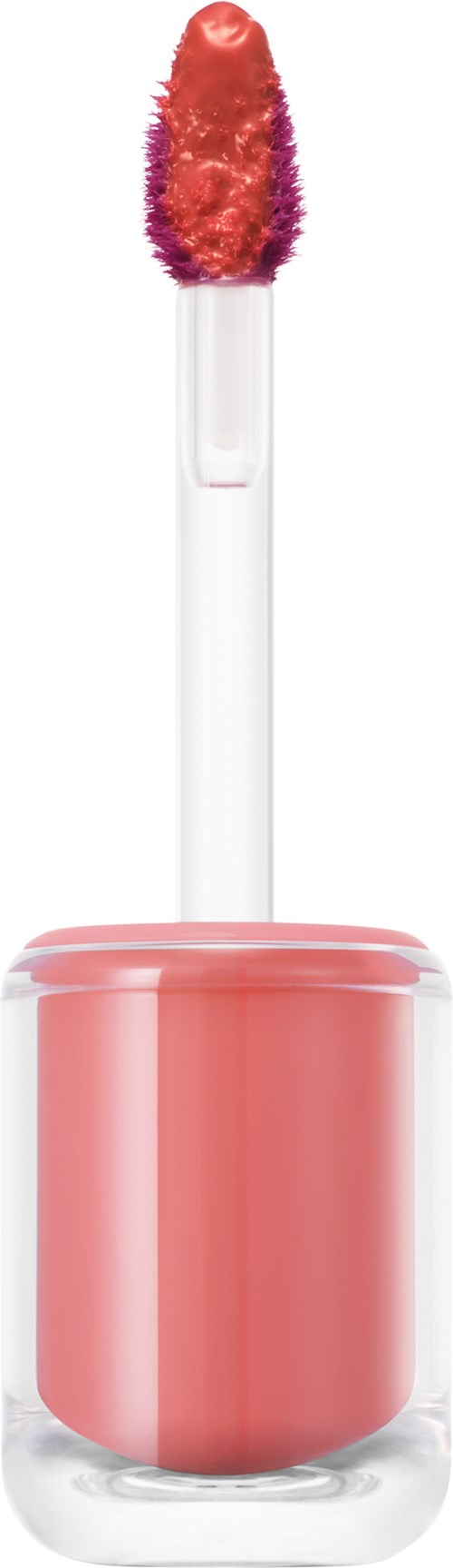A pink lip gloss container with a brush applicator and fluffy pink and purple tip.