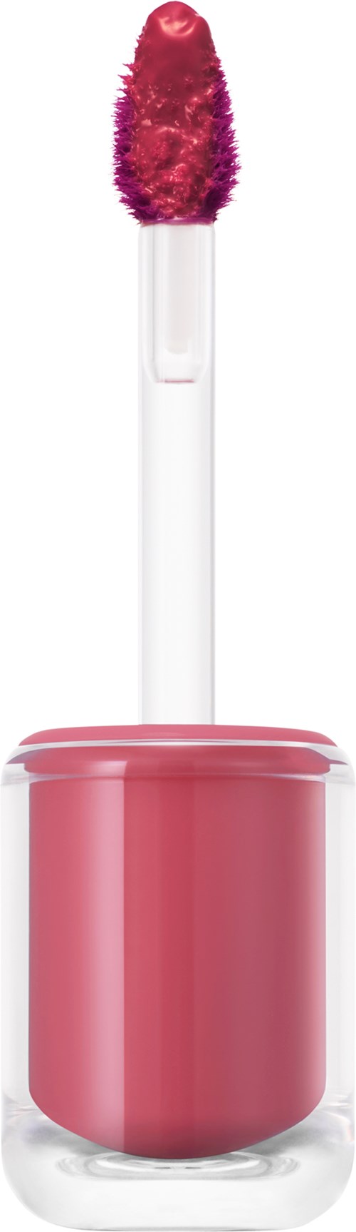 A pink liquid lipstick with a fuzzy applicator brush on a white background.
