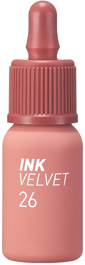 En liten rosa bläckflaska med droppare på toppen, märkt 'INK VELVET 26'.