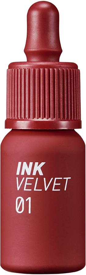 Röd flaska med dropptopp märkt 'INK VELVET 01'. Det verkar vara smink eller kosmetikprodukt.