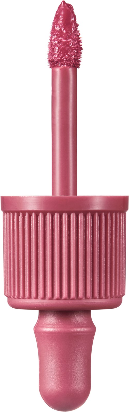 Een roze lippenstift met een pluizige applicator en een getextureerde handgreep.