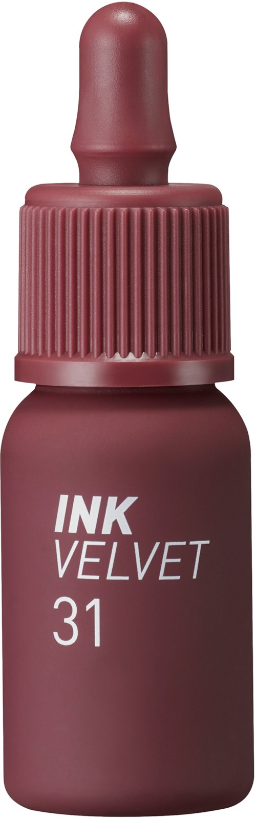 En liten flaske blekk med dråpetrekk, merket 'Ink Velvet 31,' i lilla farge.