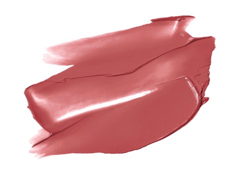 Twee penseelstreken van roze lippenstift, glanzend en glad, op een zwarte achtergrond.