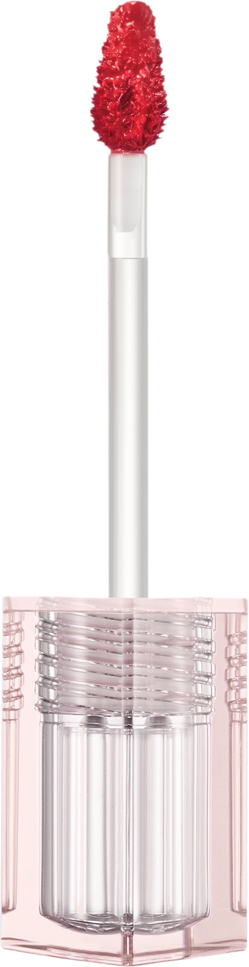 Lipglossapplicator met roze behuizing en rode, pluizige punt.