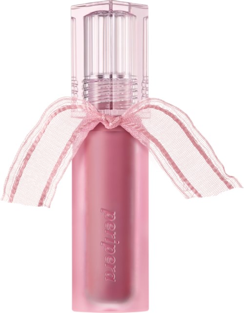En rosa flaske med klar hette og et rosa bånd rundt. Den ser dekorativ og elegant ut.