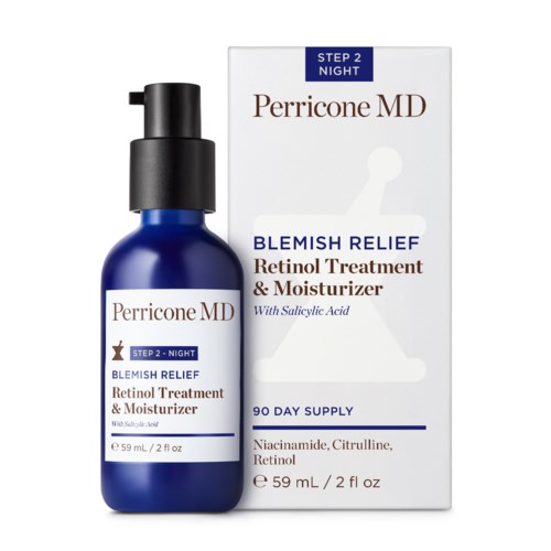 En blå flaska med Perricone MD Blemish Relief Retinol Treatment och Moisturizer med en box bakom den.