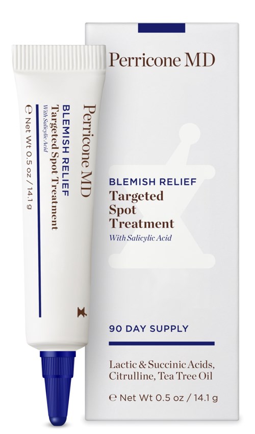 En vit och blå tub märkt Perricone MD Blemish Relief med blå lock, bredvid en matchande kartongförpackning.
