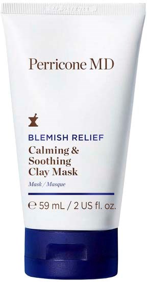 Dette er en hvit tube med brun og blå tekst som beskriver en leirmaske for å lindre kviser. Inneholder 59 ml.