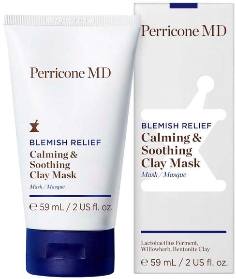 En tube og eske med Perricone MD Blemish Relief Calming & Soothing Clay Mask, i hvit og blå emballasje.