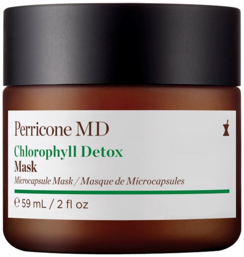En brun burk med svart lock märkt Perricone MD Chlorophyll Detox Mask som innehåller 59 mL eller 2 fl oz.