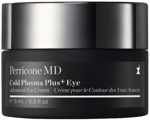 En liten svart burk med ögonkräm med vit text, tillverkad av Perricone MD, märkt Cold Plasma Plus+ Eye.