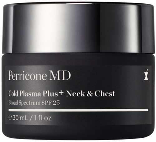 Burk av Perricone MD Cold Plasma Plus för nacke och bröst med SPF 25. Etiketten visar att det är en hudvårdsprodukt för nacke och bröstområde.