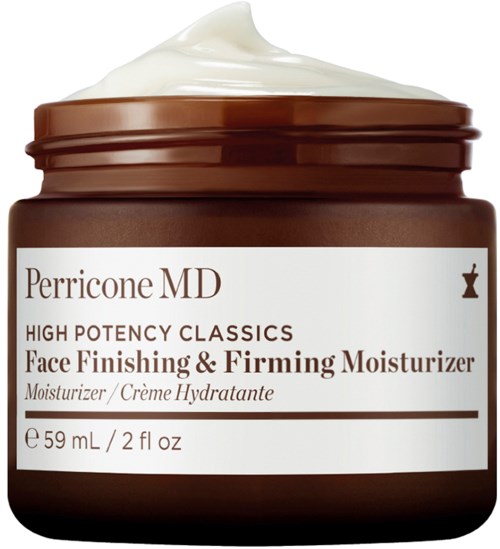 En brun burk med lätt kräm på toppen, märkt Perricone MD Face Finishing och Firming Moisturizer, 59 mL.