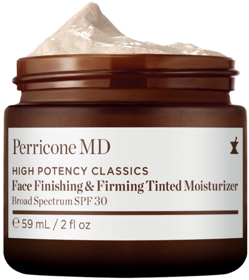 Ett brunt kosmetikglas som heter Perricone MD innehåller fuktkräm med SPF 30. Locket är borttaget och visar krämen.
