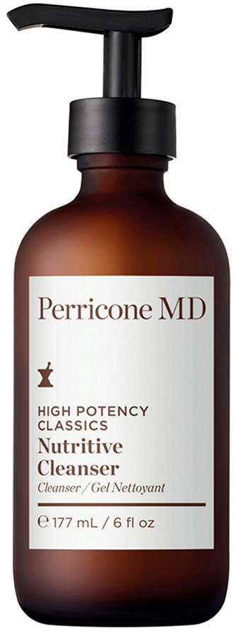 En brun flaske med sort pumpe, mærket Perricone MD High Potency Classics Nutritive Cleanser.