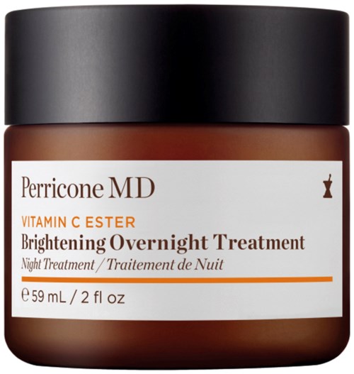 En brun burk av Perricone MD Vitamin C Ester Brightening Overnight Treatment med svart lock.