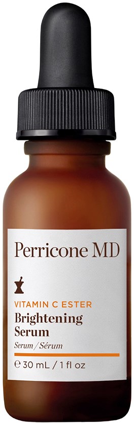 En brun glasflaske med sort dråbetænger, mærket Perricone MD Brightening Serum med C-vitaminester, 30 ml.