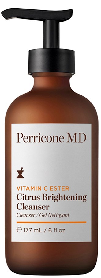 En brun flaska med svart pump som innehåller Perricone MD Citrus Brightening Cleanser, en hudvårdsprodukt på 177 ml (6 fl oz).