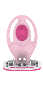 En söt rosa enhet med rund form, med knappar i mitten och en bas för att stå.
