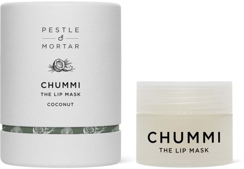 Twee containers van Chummi lip masks, een groter met kokosgeur, een kleiner. Eenvoudige witte containers met zwarte tekst.