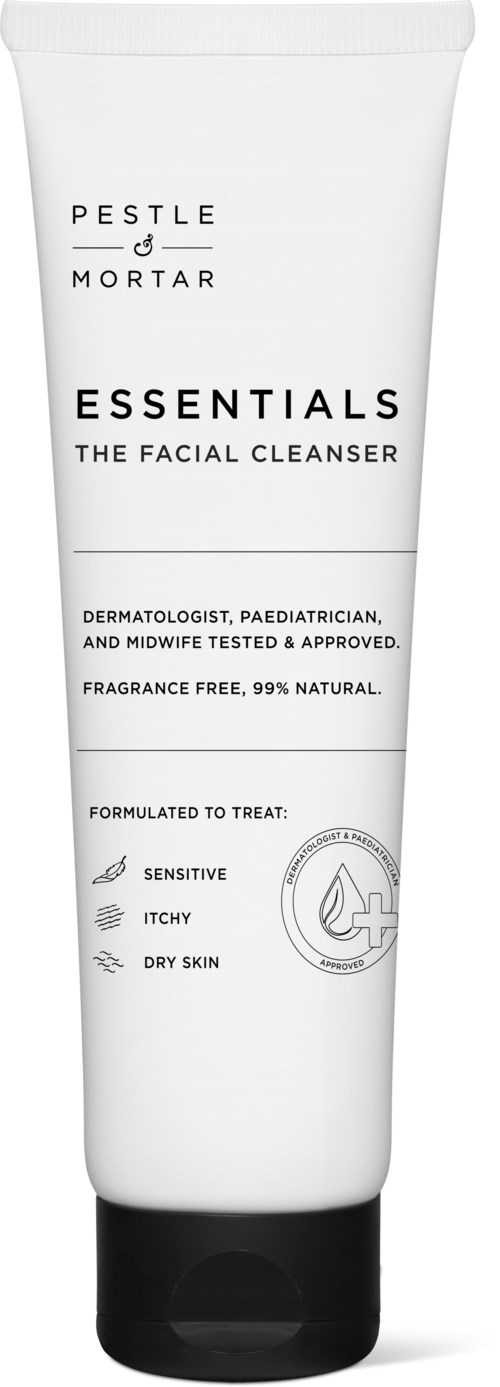 Biała tubka z marki Pestle & Mortar Essentials do oczyszczania twarzy dla skóry wrażliwej, swędzącej, suchej, bezzapachowej, 99% naturalnej.