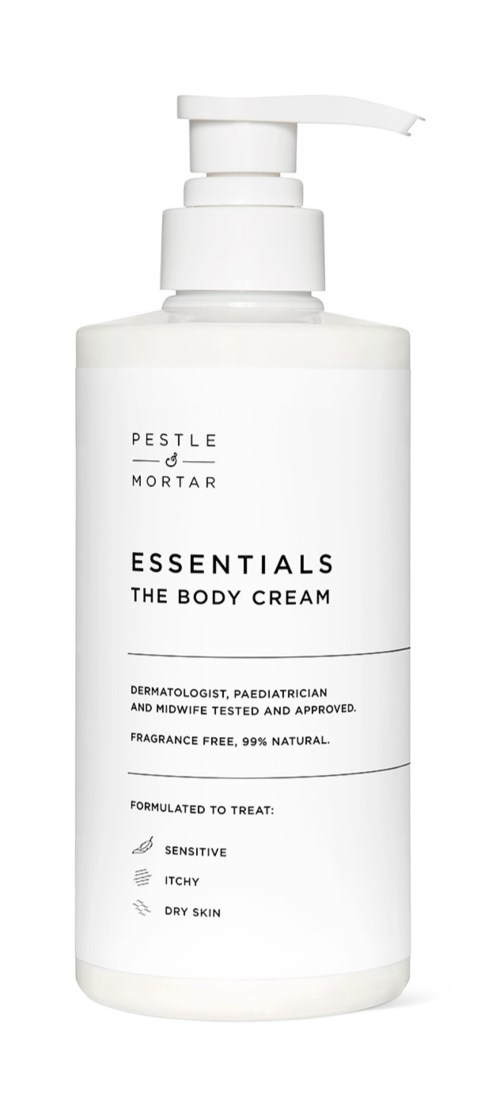 A white bottle with a pump labeled 'Pestle and Mortar Essentials The Body Cream' for sensitive, itchy, dry skin.