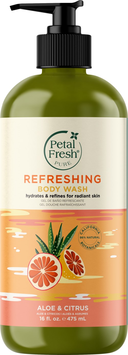 En grønn flaske med pumpe inneholder Petal Fresh Refreshing Body Wash. Den har aloe og sitrus med illustrasjoner av sitrus og aloe.