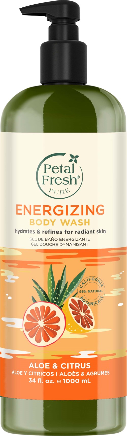 En grønn flaske med pumpe, merket Petal Fresh energigivende kroppsvask, med bilder av aloe, sitrus og grapefrukt.