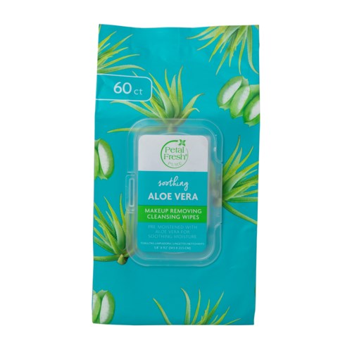 En låda med 60 aloe vera makeuprengöringsservetter med lugnande ingredienser. Utformad för skonsam hudrengöring.
