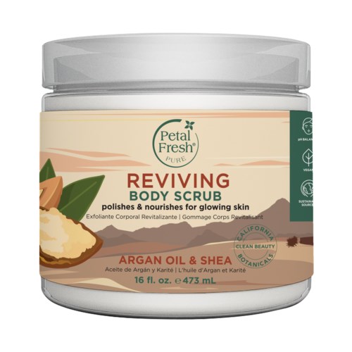 A jar of Petal Fresh Reving Body Scrub with argan oil and shea, designed to nourish and improve skin glow.