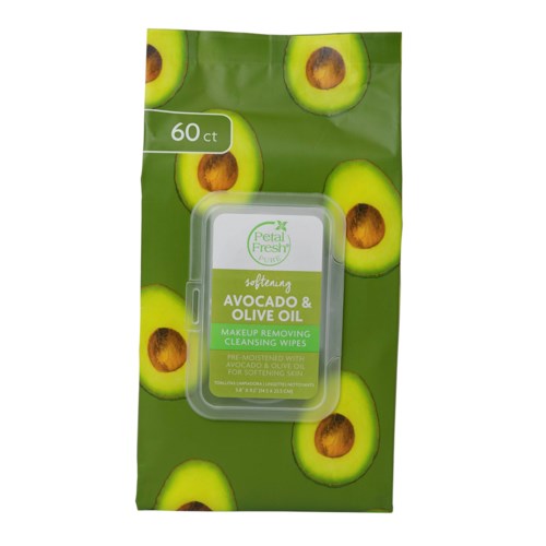 A green package contains 60 makeup wipes with avocados and olive oil, used for removing makeup.