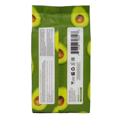 A green package with images of sliced avocados and a barcode on the back. It contains some text and symbols.