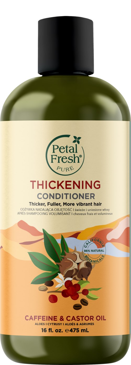 En flaske Petal Fresh tykningsbalsam med naturlige ingredienser som koffein og ricinusolje.