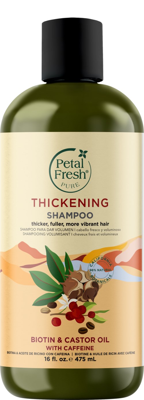 Grüne Flasche von Petal Fresh Verdickungsshampoo mit Kokos, Biotin, Rizinusöl und Koffein. 16 Fl oz.