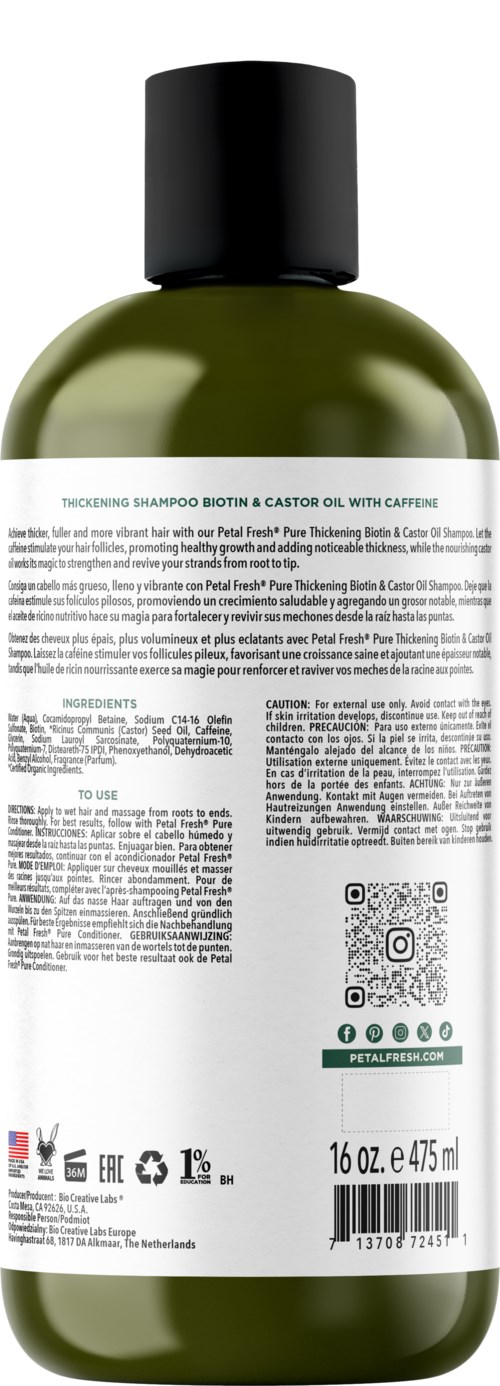 Grüne Flasche mit schwarzem Deckel, enthält Verdickungsshampoo mit Zutaten und Anweisungen auf Etiketten.