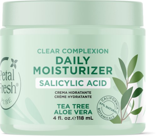 En grön burk med fuktighetskräm märkt med tea tree, aloe vera och salicylsyra, med en växtillustration.