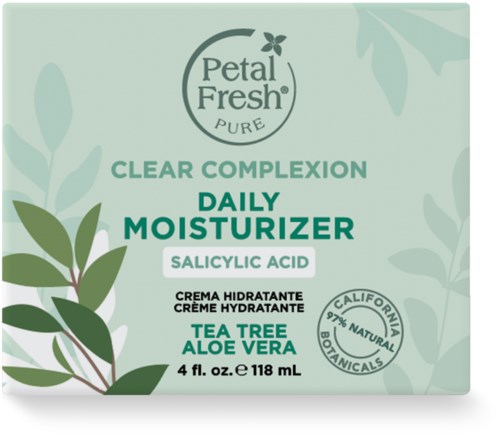 En grön förpackning för Petal Fresh Daily Moisturizer med tea tree och aloe vera för klar hy.
