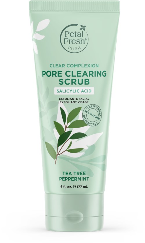 Ein grüner Tuben von Petal Fresh Pore Clearing Scrub mit Teebaum und Pfefferminz, für Gesichtshaut. Enthält Salicylsäure.