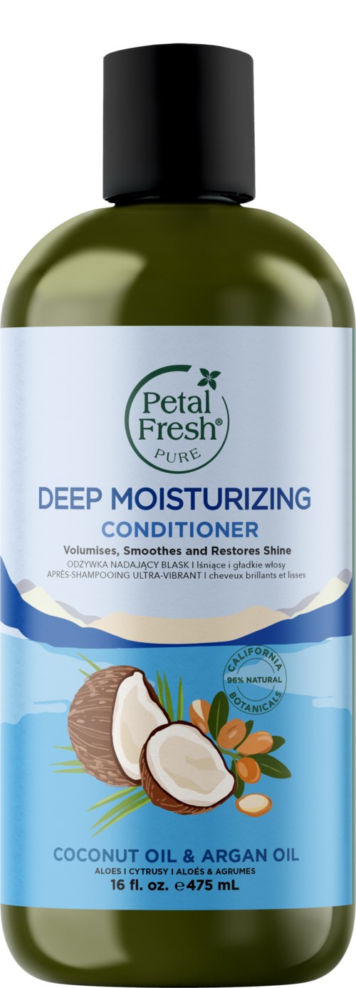Eine Flasche Petal Fresh Deep Moisturizing Conditioner mit Kokos- und Arganöl, zeigt eine Kokosnuss und Pflanzen.