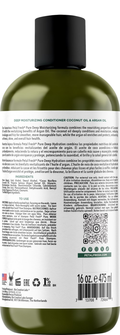 Die Flasche ist grün mit einem schwarzen Deckel, enthält tiefenwirksamen Conditioner mit Kokosöl und Arganöl. Das Etikett hat Text und Symbole.