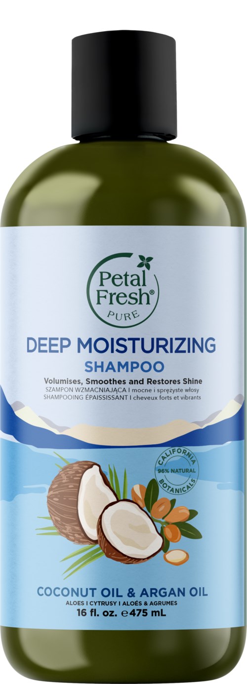 Eine grüne Flasche Petal Fresh Deep Moisturizing Shampoo mit Kokos- und Arganöl und einem blauen und weißen Etikett.