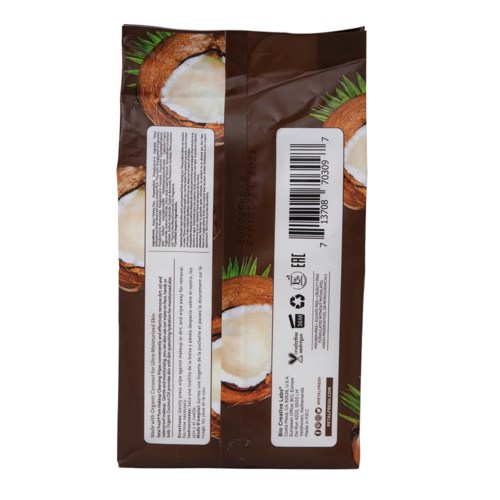 Pakke med kokosprodukt, brun farge, grønt bladdesign, strekkode og tekstmerker.