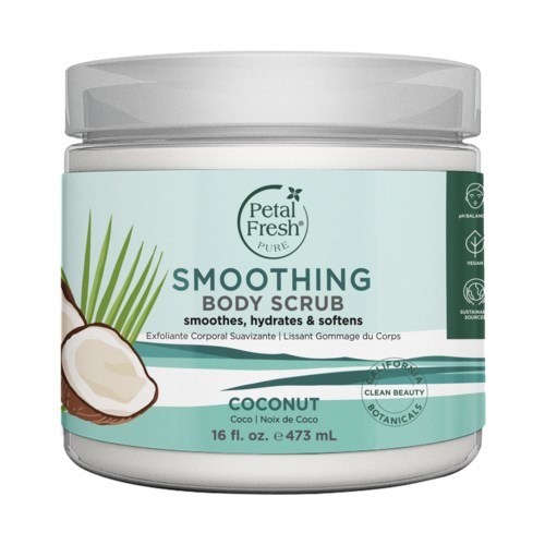 En krukke med Petal Fresh Smoothing Body Cream med kokosduft. Indeholder tekst om hydration, blødhed og naturlige ingredienser.