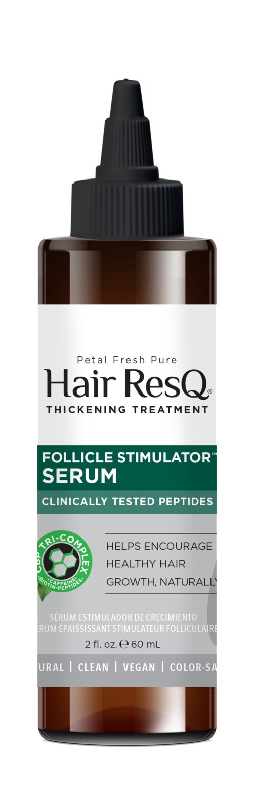 Kleine braune Flasche mit Tropfer, beschriftet Hair ResQ Follicle Stimulator Serum, fördert gesundes Haarwachstum.